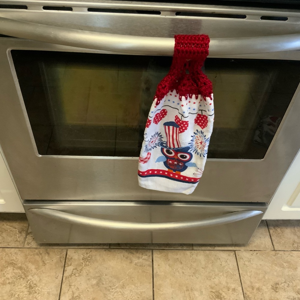 Patriotic Kitchen Towel with Red Crochet Top